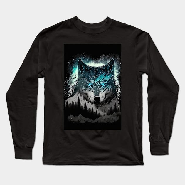 Cool Wolf portrait with teal and grey Long Sleeve T-Shirt by KoolArtDistrict